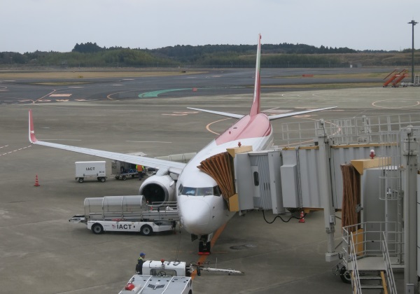 成田発仁川行きのティーウェイ航空の機体