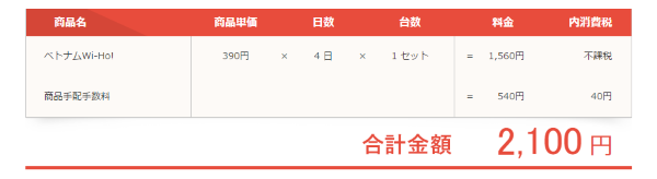 ワイホーのベトナム用ルーターを4日間借りた時の総額(空港受取時)