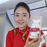 韓国のLCC「ティーウェイ航空」の成田～テグ初便の客室乗務員とマスコットキャラクターのBootoのぬいぐるみ