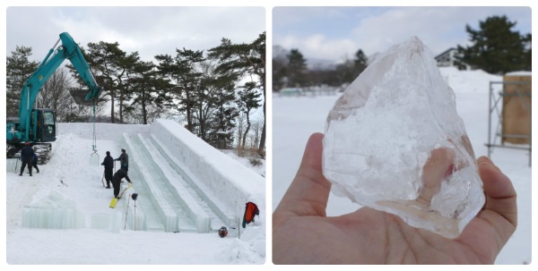 取材した日は2月4日・5日に開催された「大沼函館雪と氷の祭典」用の「氷のジャンボすべり台」の設営中だった